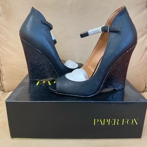 BNIB Paper Fox Flannery Black Glitter Ankle Strap Wedge Sz 9